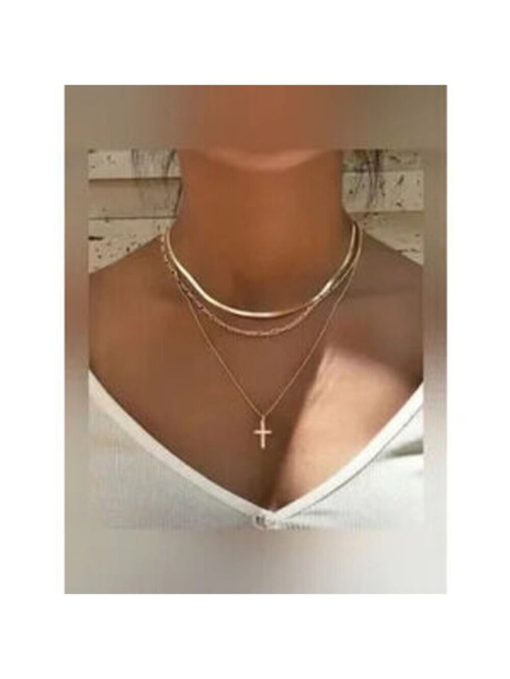 Gold Stainless Steel 3pc Cross Herringbone Necklace Set Dainty